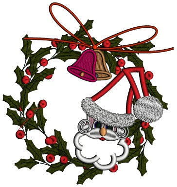Santa And Christmas Bells Wreath Applique Machine Embroidery Design Digitized Pattern