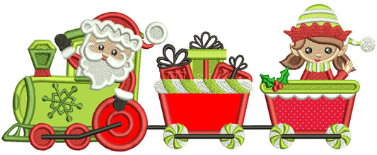 Santa And Elf Girl Riding a Train Christmas Applique Machine Embroidery Design Digitized Pattern