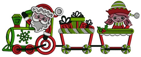 Santa And Elf Girl Riding a Train Christmas Applique Machine Embroidery Design Digitized Pattern