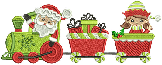 Santa And Elf Girl Riding a Train Christmas Filled Machine Embroidery Design Digitized Pattern