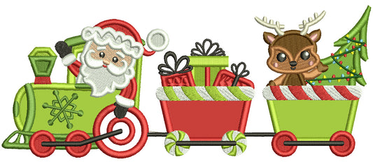 Santa And Reindeer Riding a Train Christmas Applique Machine Embroidery Design Digitized Pattern