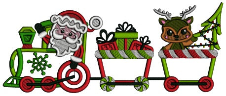 Santa And Reindeer Riding a Train Christmas Applique Machine Embroidery Design Digitized Pattern