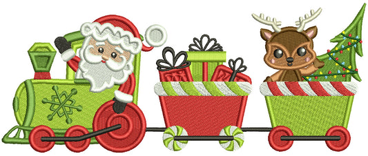 Santa And Reindeer Riding a Train Christmas Filled Machine Embroidery Design Digitized Pattern