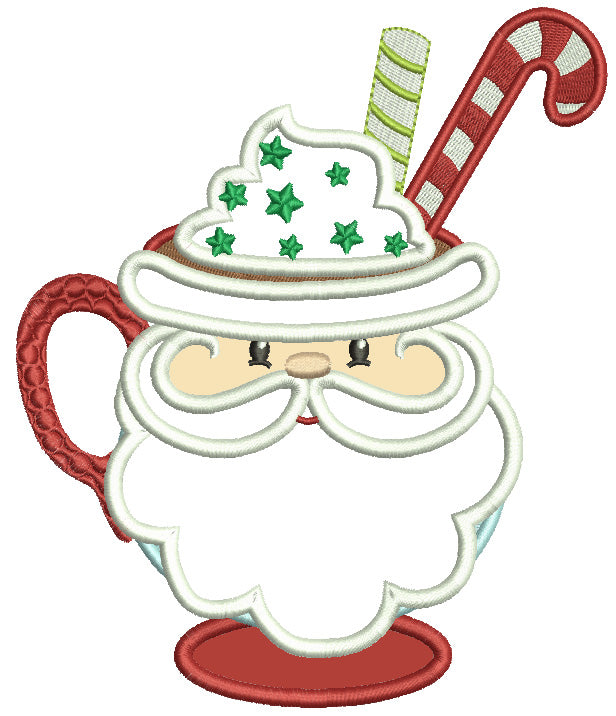 Santa Cup With Candy Cane Christmas Applique Machine Embroidery Design Digitized Pattern