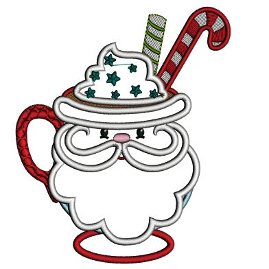 Santa Cup With Candy Cane Christmas Applique Machine Embroidery Design Digitized Pattern