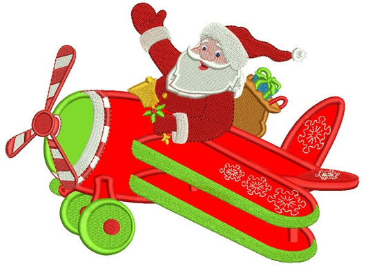 Santa Flying Airplane Christmas Applique Machine Embroidery Design Digitized Pattern
