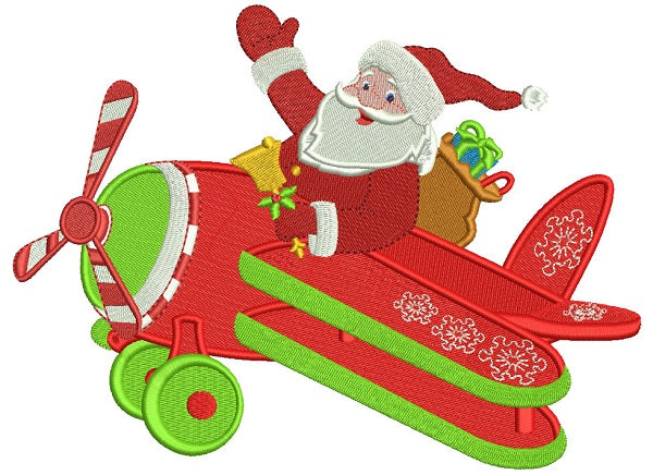 Santa Flying Airplane Christmas Filled Machine Embroidery Design Digitized Pattern