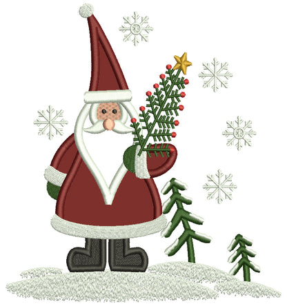 Santa Holding Christmas Tree Applique Machine Embroidery Design Digitized Pattern