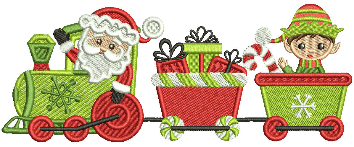 Santa Train With Elf Man And Presents Christmas Filled Machine Embroidery Design Digitized Pattern