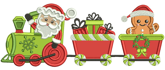 Santa Train With a Gingerbread Man And Presents Christmas Applique Machine Embroidery Design Digitized Pattern