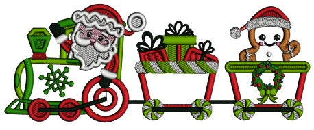 Santa Train With a Gingerbread Man And Presents Christmas Applique Machine Embroidery Design Digitized Pattern
