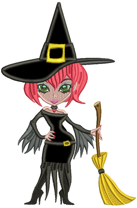 Sassy But Classy Witch Holding a Broomstick Halloween Applique Machine Embroidery Design Digitized Pattern