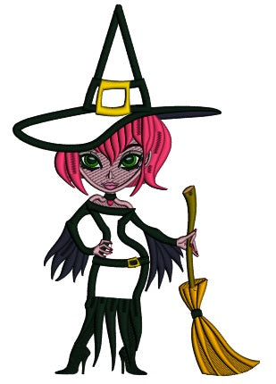 Sassy But Classy Witch Holding a Broomstick Halloween Applique Machine Embroidery Design Digitized Pattern