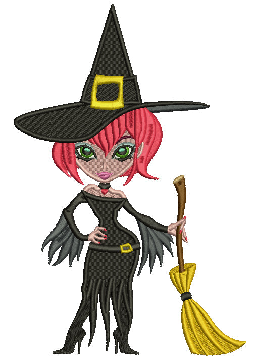 Sassy But Classy Witch Holding a Broomstick Halloween Filled Machine Embroidery Design Digitized Pattern