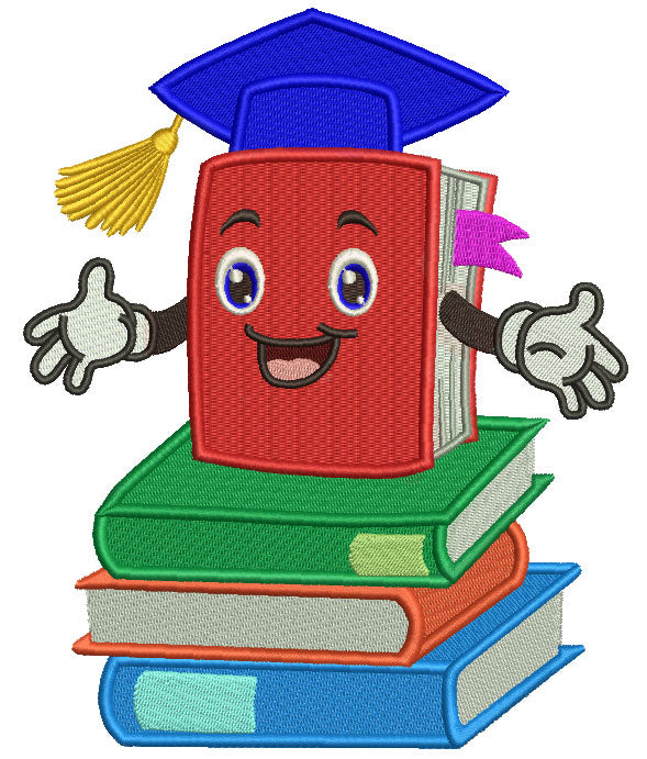 School Book Wearing Graduation Cap Filled Machine Embroidery Design Digitized Pattern