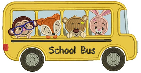 School Buss With Cute Animals Applique Machine Embroidery Design Digitized Pattern