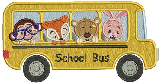 School Buss With Cute Animals Filled Machine Embroidery Design Digitized Pattern