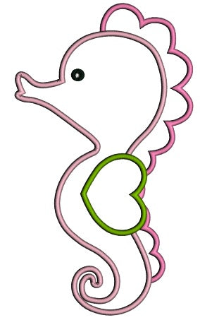 Sea Horse With Heart Fin Applique Machine Embroidery Digitized Design Pattern