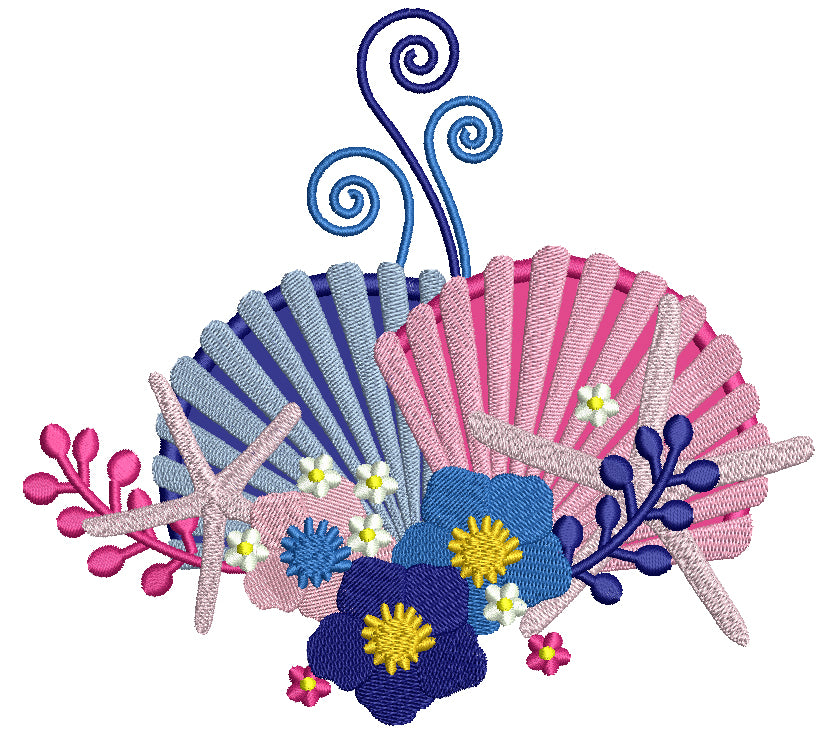 Sea Shells And Flowers Applique Machine Embroidery Design Digitized Pattern