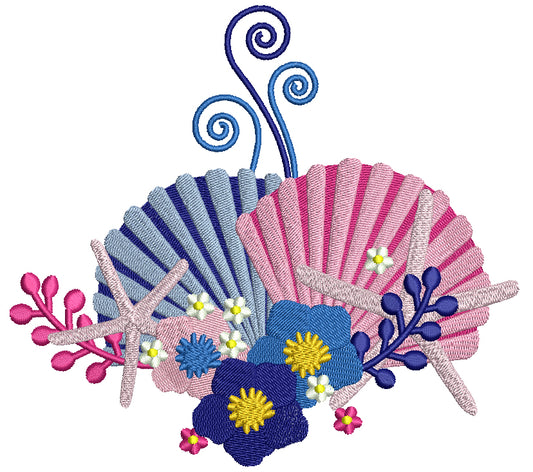 Sea Shells And Flowers Filled Machine Embroidery Design Digitized Pattern