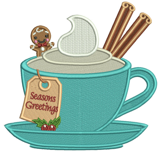 Season Greetings Gingerbread And Cup Of Cocoa Christmas Filled Machine Embroidery Design Digitized Pattern