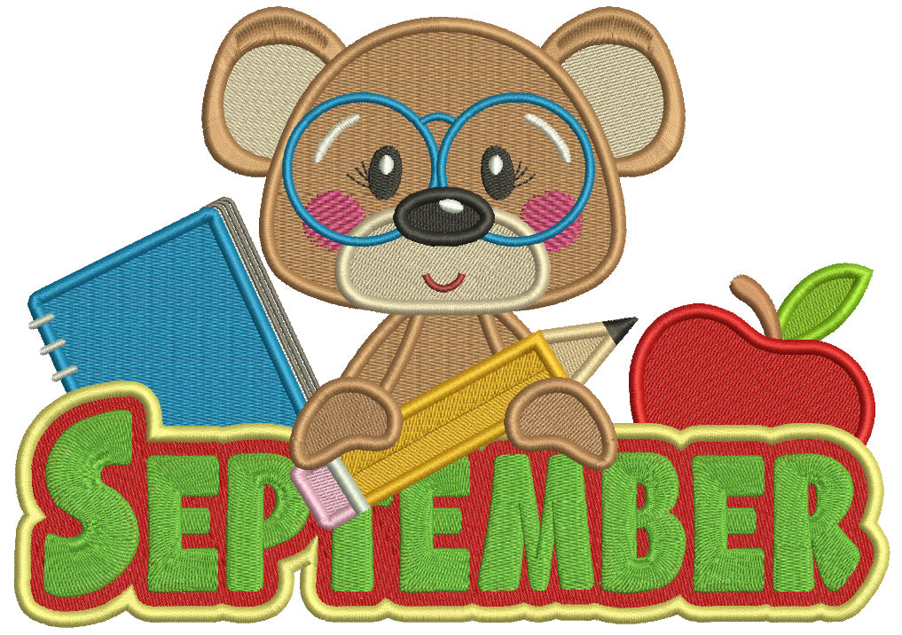 September Bear Holding a Pencil Filled Machine Embroidery Design Digitized Pattern