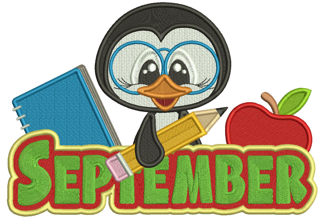 September Penguin Holding a Pencil School Filled Machine Embroidery Design Digitized Pattern