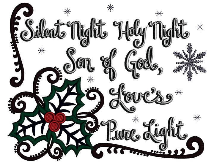 Silent Night Holy Night Son of God Love's Pure Light 3D Text Christmas Applique Machine Embroidery Digitized Design Pattern