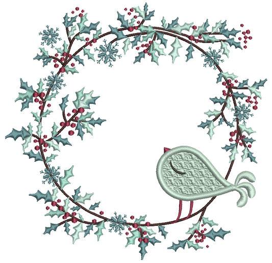 Singing Bird Christmas Wreath Filled Machine Embroidery Design Digitized Pattern