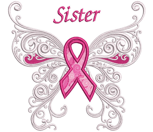 Sister Breast Awareness Ribbon Butterfly Applique Machine Embroidery Design Digitized Pattern
