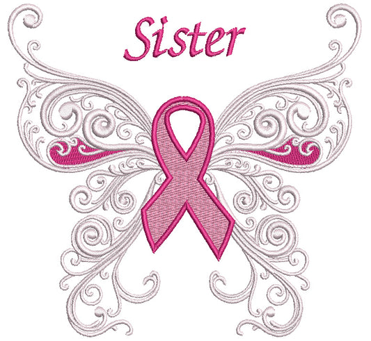 Sister Breast Awareness Ribbon Butterfly Filled Machine Embroidery Design Digitized Pattern