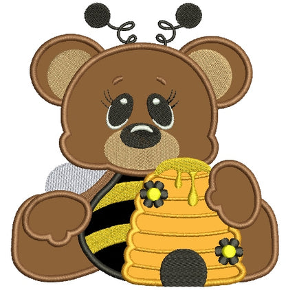 Sitting Bear Bumblebee with Honey Applique Machine Embroidery Digitized Design Pattern