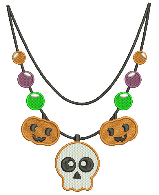 Skull and Pumpkins Necklace Halloween Filled Machine Embroidery Digitized Design Pattern