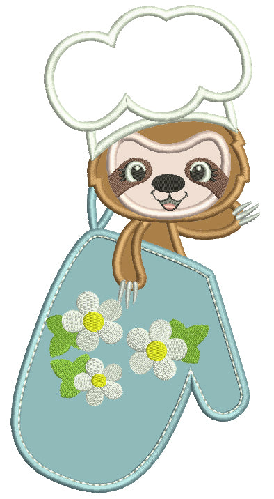 Sloth Cook Holding a Cooking Mitt Applique Machine Embroidery Design Digitized Pattern