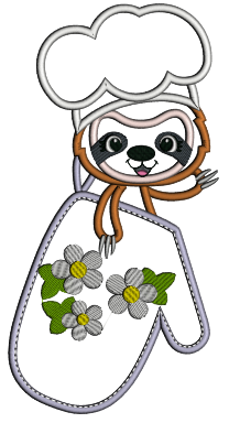 Sloth Cook Holding a Cooking Mitt Applique Machine Embroidery Design Digitized Pattern