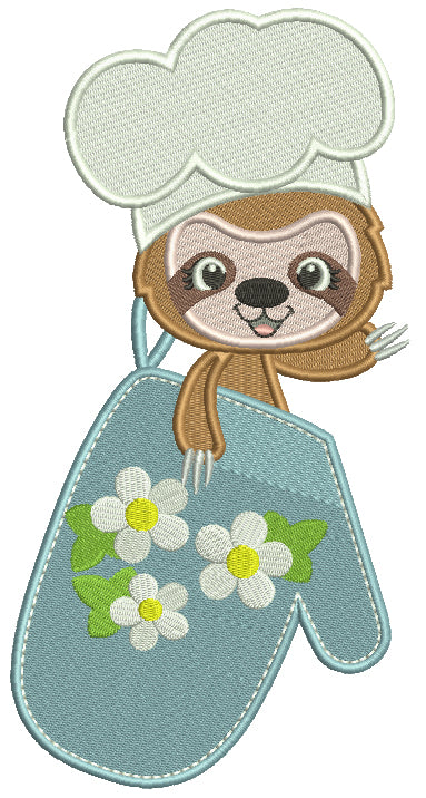Sloth Cook Holding a Cooking Mitt Filled Machine Embroidery Design Digitized Pattern