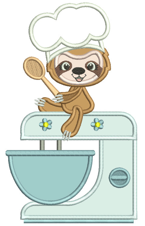 Sloth Cook Sitting On a Cooking Mixer Applique Machine Embroidery Design Digitized Pattern