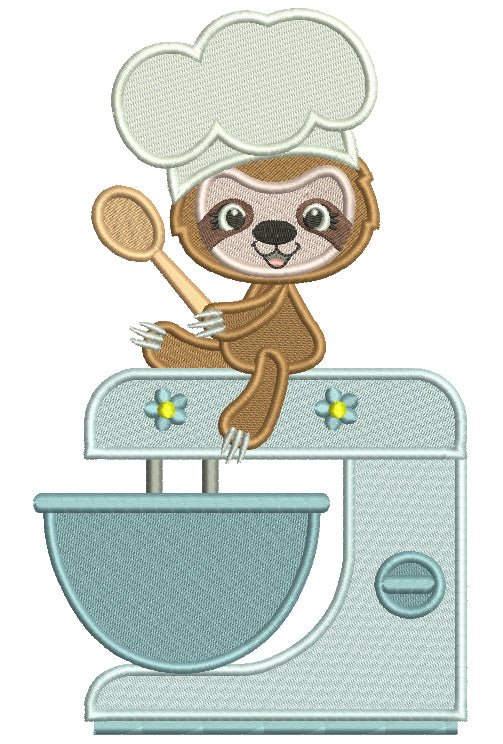 Sloth Cook Sitting On a Cooking Mixer Filled Machine Embroidery Design Digitized Pattern