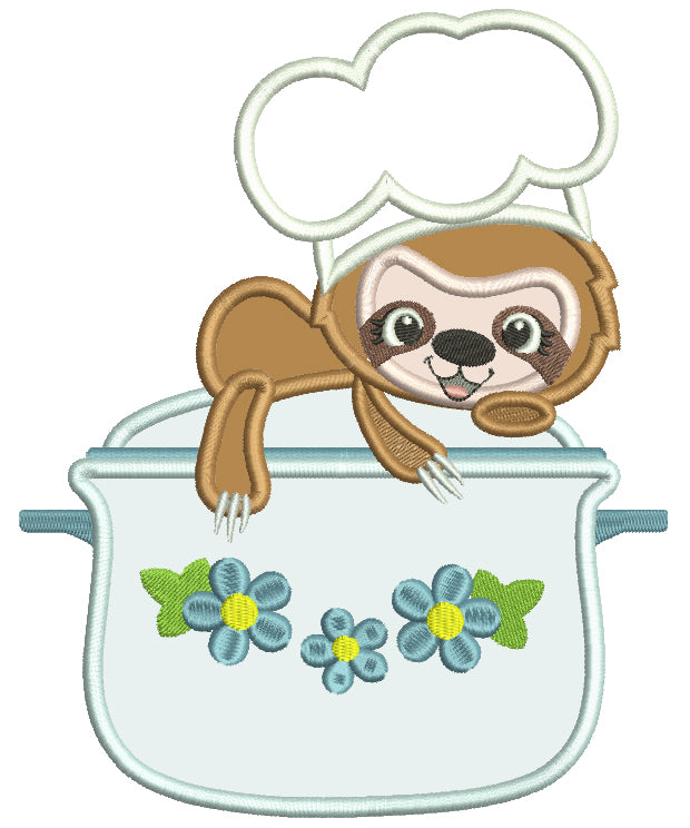 Sloth Cook Sitting On a Cooking Pot Applique Machine Embroidery Design Digitized Pattern