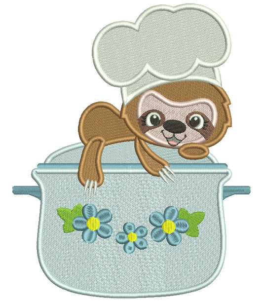 Sloth Cook Sitting On a Cooking Pot Filled Machine Embroidery Design Digitized Pattern