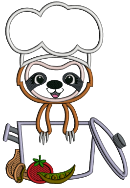 Sloth Cook With Cooking Pot And Vegetables Applique Machine Embroidery Design Digitized Pattern