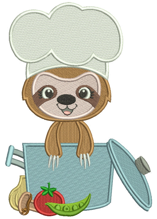 Sloth Cook With Cooking Pot And Vegetables Filled Machine Embroidery Design Digitized Pattern