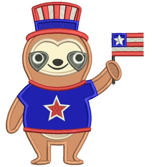 Sloth Holding American Flag Patriotic 4th Of July Applique Machine Embroidery Design Digitized Pattern