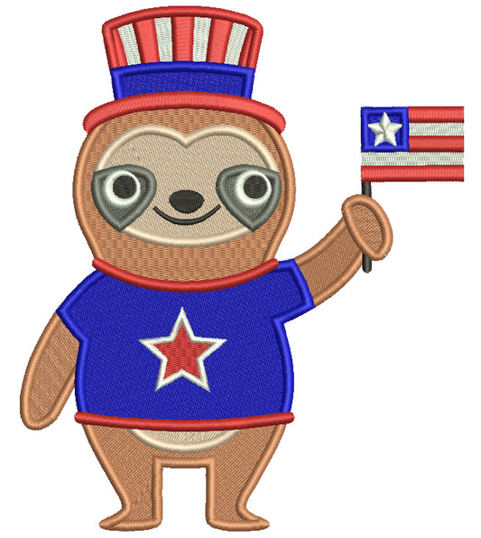 Sloth Holding American Flag Patriotic 4th Of July Filled Machine Embroidery Design Digitized Pattern