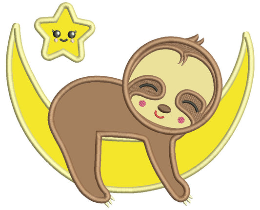Sloth Sleeping On The Moon And Smiling Star Applique Machine Embroidery Design Digitized Pattern
