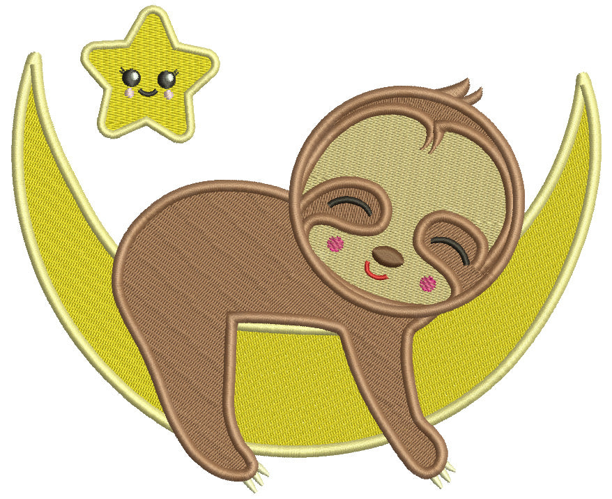 Sloth Sleeping On The Moon And Smiling Star Filled Machine Embroidery Design Digitized Pattern