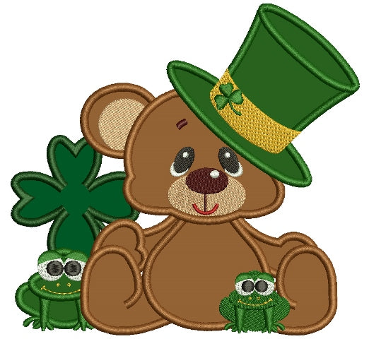 Smiling Bear With Little Frogs Shamrock and Irish Hat Applique Machine Embroidery Digitized Design Pattern