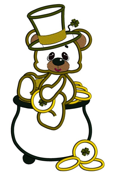 Smiling Bear with an Irish hat sitting on the pot of gold Applique Machine Embroidery Digitized Design Pattern
