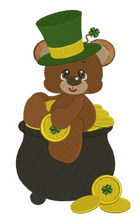 Smiling Bear with an Irish hat sitting on the pot of gold Filled Machine Embroidery Digitized Design Pattern