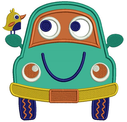 Smiling Car With a Bird Applique Machine Embroidery Design Digitized Pattern